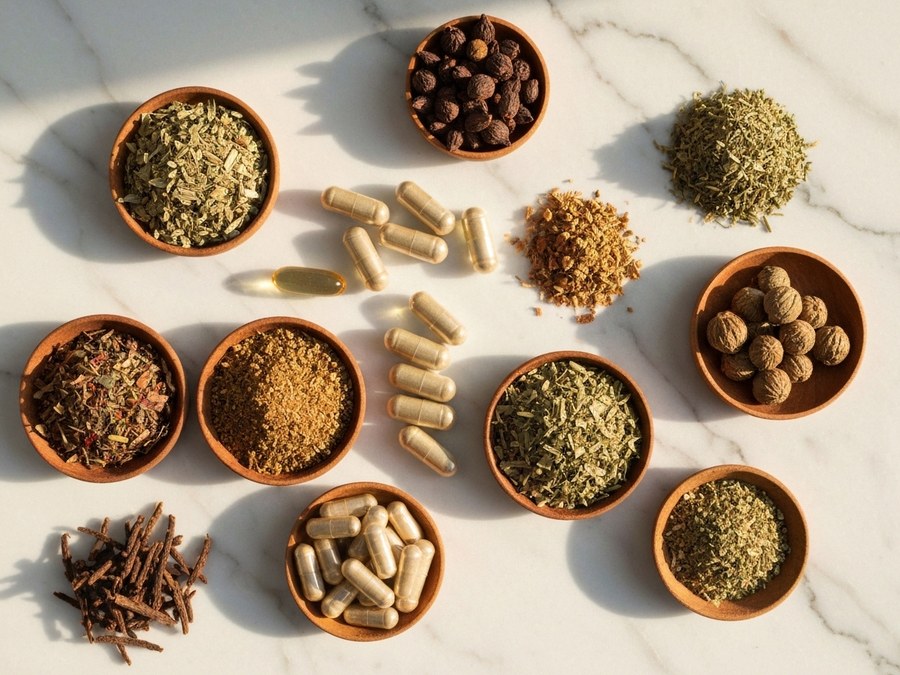 Selezione di erbe naturali, tisane e integratori alimentari posizionati armoniosamente per evocare benessere.